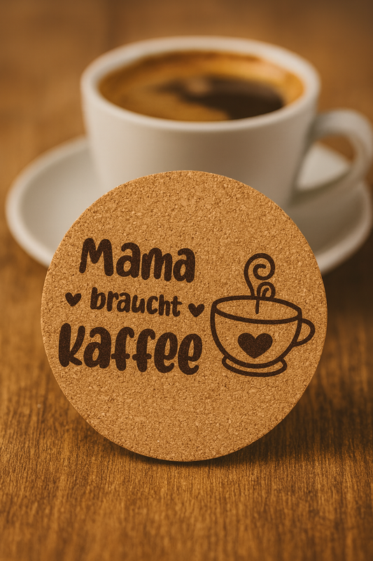 Korkuntersetzer „Mama braucht Kaffee“ – individuell gestaltbar (6er-Set)