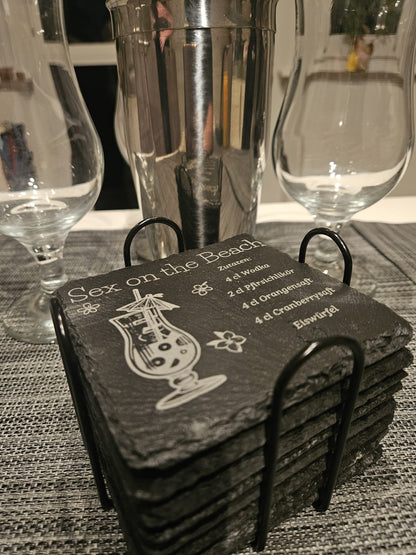 8er Set gravierte Schieferuntersetzer inkl. Ständer