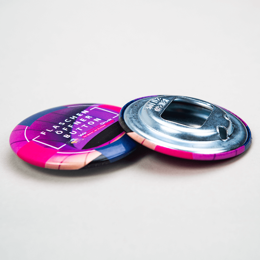 Hochwertiger Flaschenöffnerbutton Ø 55 mm, 4/0 farbig einseitig bedruckt ( 50 Stück)